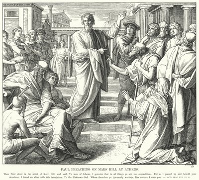 Paulus predikt op de Areopagus in Athene (gravure) door Julius (after) Schnorr von Carolsfeld