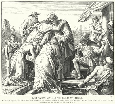 Paulus neemt afscheid van de oudsten van Efeze (gravure) door Julius (after) Schnorr von Carolsfeld