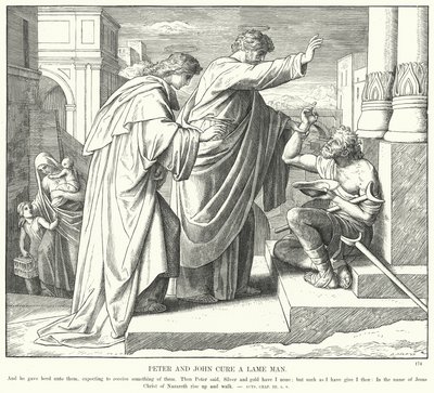 Petrus en Johannes genezen een lamme man door Julius (after) Schnorr von Carolsfeld