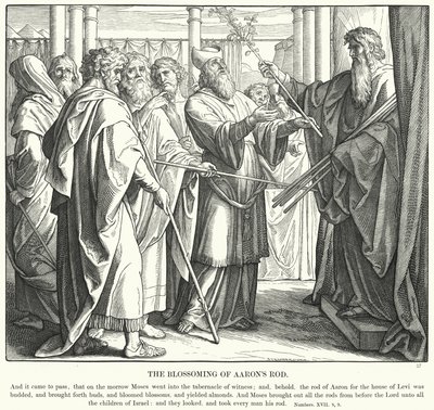 Het Bloeien van Aärons Staf (gravure) door Julius (after) Schnorr von Carolsfeld