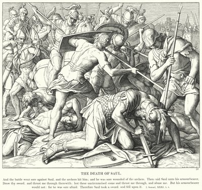De Dood van Saul (gravure) door Julius (after) Schnorr von Carolsfeld