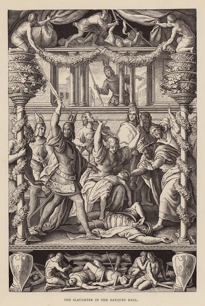 De slachting in de banketzaal door Julius (after) Schnorr von Carolsfeld