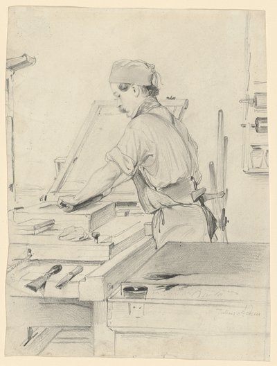 Zelfportret Werkend aan een Lithografische Pers door Julius Adam the Elder