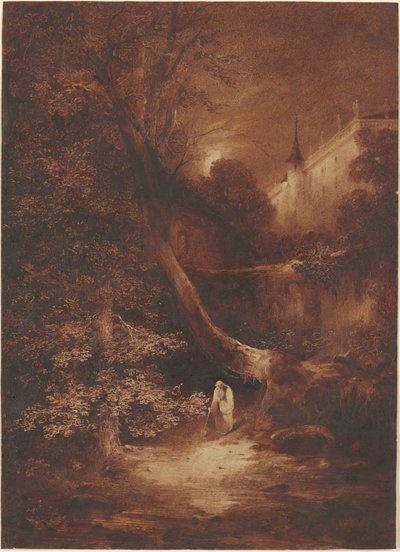 Maanverlicht landschap met een monnik die bij een paleis loopt door Julius Albert Elsasser