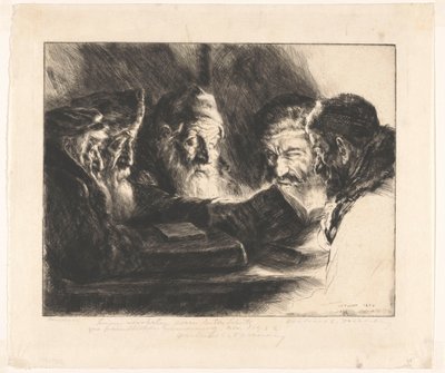 Vijf lezende joodse mannen door Julius C. Turner (signed by artist)