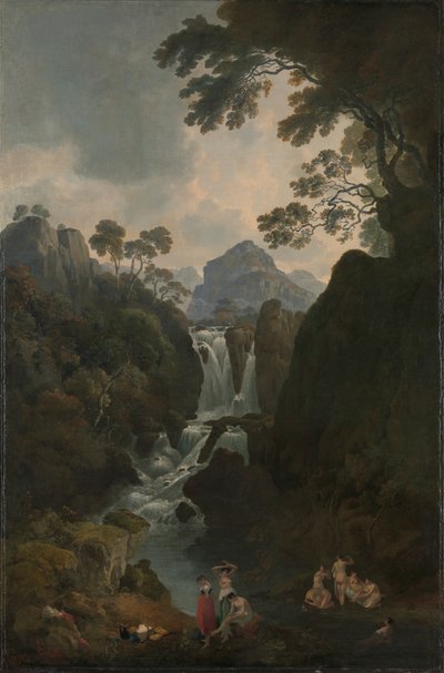 Een waterval met baders door Julius Caesar Ibbetson