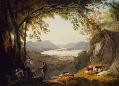Landelijke mensen rusten met vee in een bosrijk landschap door Julius Caesar Ibbetson