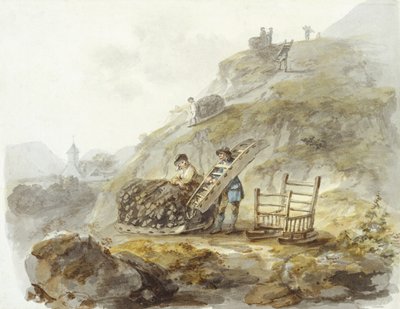 Methode om turf te verkrijgen van heuvels nabij Mallwyd, ca. 1792 door Julius Caesar Ibbetson