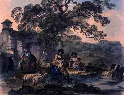 Boeren die Schapen Wassen in Cwm Rheidol, Cardiganshire door Julius Caesar Ibbetson