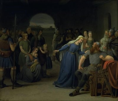 De Deense koningin Thyra Danebod probeert het hart van haar man, Gorm de Oude, te verzachten tegenover enkele christelijke gevangenen door Julius Exner