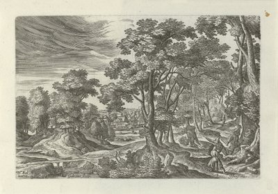 Landschap met overval op de reiziger door Julius Goltzius