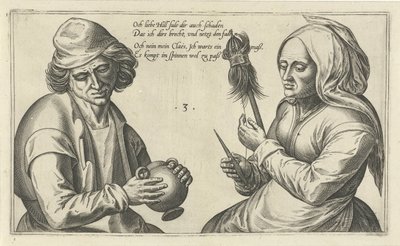 Spinnende vrouw met haar echtgenoot door Julius Goltzius