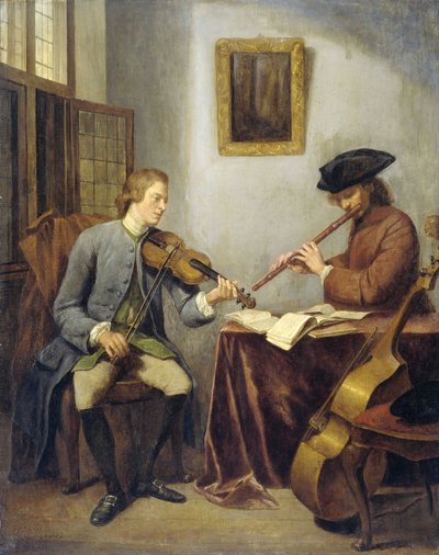 De muzikanten, een violist en een fluitist maken samen muziek door Julius Henricus Quinkhard