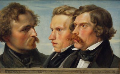 Jong Düsseldorf. Groepsportret van de schilders Karl Friedrich Lessing, Carl Ferdinand Sohn en Theodor Hildebrandt, 1839 door Julius Huebner