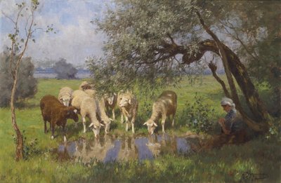De schaapherderin tijdens de rust door Julius Hugo Bergmann