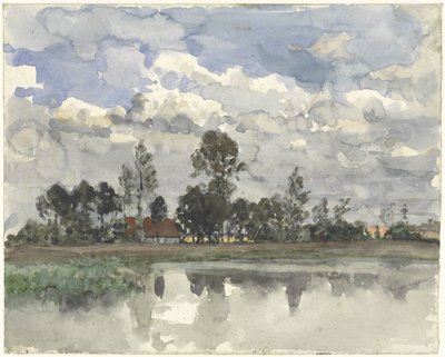Bomen zich spiegelend in het water bij een bewolkte lucht door Julius Jacobus van de Sande Bakhuyzen