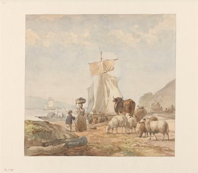 Figuren met vee bij rivieroever met veerboot door Julius Jacobus van de Sande Bakhuyzen