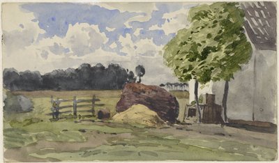 Stapel hout voor een boerderij in het weiland door Julius Jacobus van de Sande Bakhuyzen