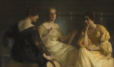 Jonge vrouwen. Van links: Karen Bramsen; de vrouw van de kunstenaar Esther, geboren Lange; Johanne Munch-Petersen. door Julius Paulsen