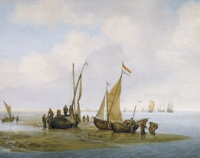 Vissen op mosselen, drie Nederlandse vissersboten aan de kust, waarvan één met het zeil gehesen, en groepen vissers die druk bezig zijn met het onderhouden en lossen van boten, verderop op het strand dragen twee anderen manden vol mosselen door Julius Porcellis