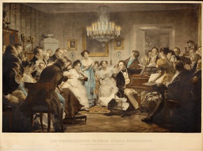 Een avond met Schubert in een Weense salon ... (gravure) door Julius Schmid