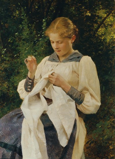Meisje met handwerk (Marianne von Scheibenhof-Goriany) door Julius Schmid