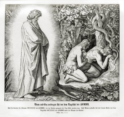 Adam en Eva verbergen hun naaktheid, Genesis door Julius Schnorr von Carolsfeld