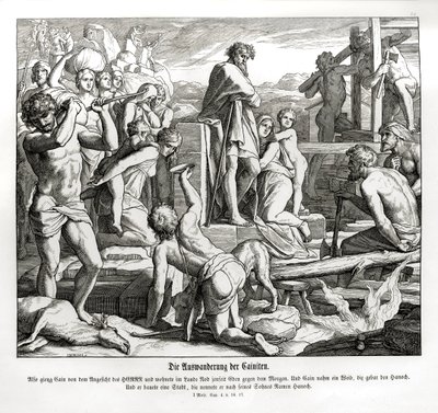 Het leven van Kaïn in Nod na zijn verbanning, Genesis door Julius Schnorr von Carolsfeld