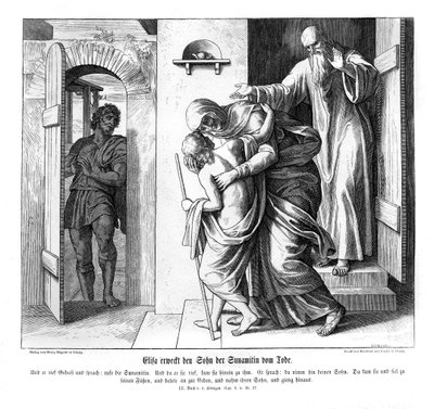 Elisa wekt de zoon van de Sunamitische vrouw op, 2 Koningen door Julius Schnorr von Carolsfeld
