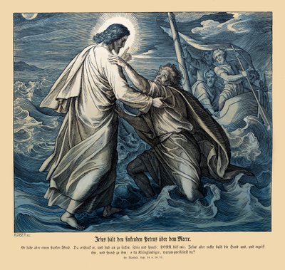 Jezus en Petrus lopen op water, Evangelie van Matteüs door Julius Schnorr von Carolsfeld
