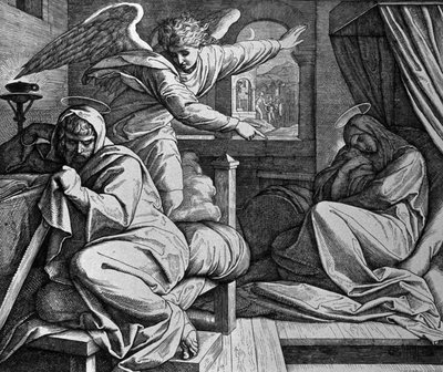 Jozef wordt gewaarschuwd om naar Egypte te vluchten door Julius Schnorr von Carolsfeld
