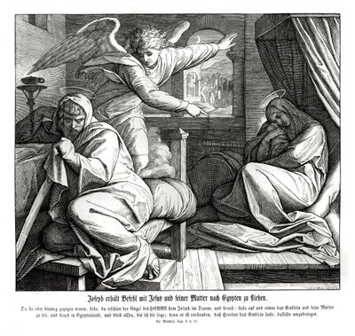 Jozef wordt gewaarschuwd om naar Egypte te vluchten, Evangelie van Matteüs door Julius Schnorr von Carolsfeld