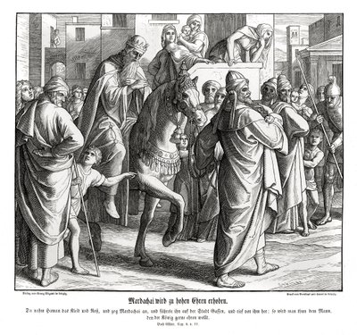 Mordechai wordt geëerd door de koning door Julius Schnorr von Carolsfeld