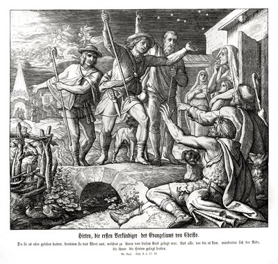 Herders verspreiden het evangelie, Evangelie van Lucas door Julius Schnorr von Carolsfeld
