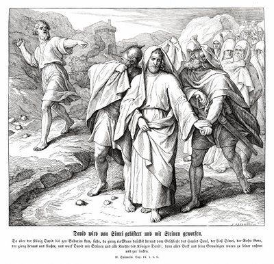 Shimei vervloekt en gooit stenen naar David, 2 Samuel door Julius Schnorr von Carolsfeld