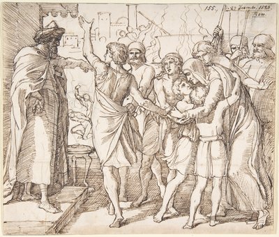 Het martelaarschap van de zeven broers; verso: schets van twee worstelende mannen (?) door Julius Schnorr von Carolsfeld