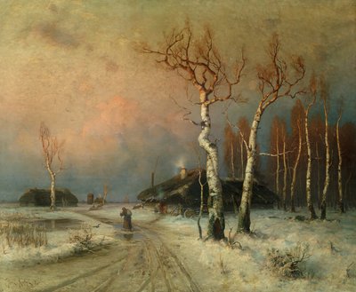 Een dorp in een bebost winterlandschap door Julius Sergius Klever