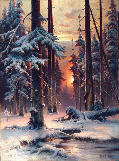 Winterzonsondergang in het sparrenbos. Schilderij van Julius von Klever, olie op doek door Julius Sergius Klever