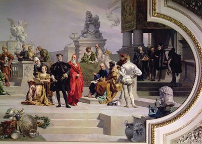 Patronage van de kunsten door het Huis Habsburg: linker gedeelte van een plafondschildering, 1891 door Julius Victor Berger