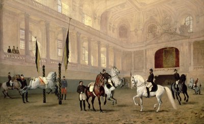 Ochtend Oefening in de Hofreitschule, Josephsplatz, 1890 door Julius von Blaas  