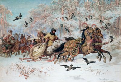 Olenka en Kmicic in een slee, 1885 door Juliusz Fortunat Kossak