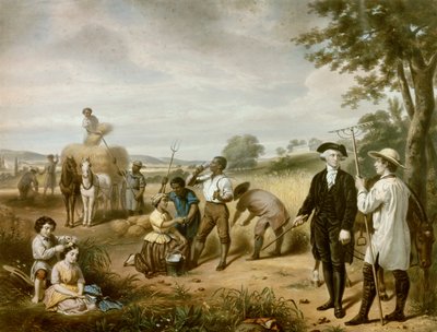 Washington de boer: George Washington (1732-1799) op de velden van Mont Vernon, zijn plantage in de graafschap Fairfax, Virginia. Linksonder zijn zijn twee stiefkinderen, John en Martha Parke Custis, afgebeeld. Lithografie door Junius Brutus Stearns