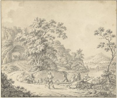 Landschap met een schuitje waarin een schapenherder met zijn kudde door Jurriaan Andriessen (attributed to)