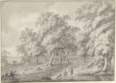 Landschap met moeder en kind met hond wadend door een poel door Jurriaan Andriessen (possibly)