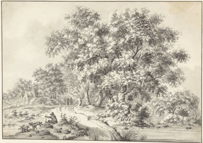 Landschap met zittende man met hond en wandelaars op landweg door Jurriaan Andriessen (possibly)