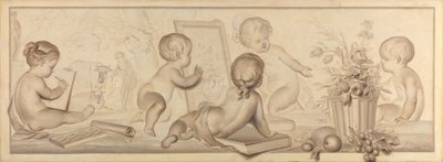 Zes putti met bloemen en fruit en attributen van de tekenkunst door Jurriaan Andriessen (signed by artist)