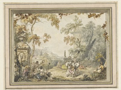 Ontwerp voor een kamerbeschildering: idyllisch-arcadisch landschap met klassieke gebouwen door Jurriaan Andriessen