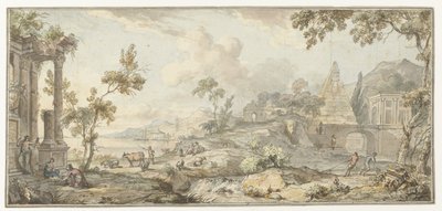 Ontwerp voor een kamerbeschildering met zuidelijk kustlandschap en piramide door Jurriaan Andriessen