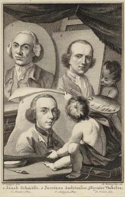 Portretten van Izaak Schmidt, Jurriaen Andriessen en Reinier Vinkeles door Jurriaan Andriessen