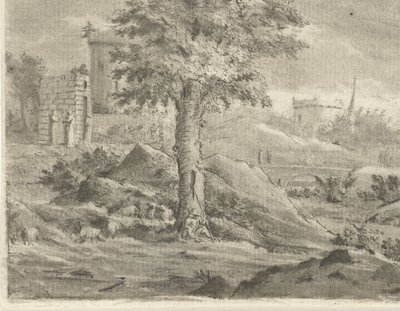 Landschap met herder en schapen door Jurriaan Cootwijck